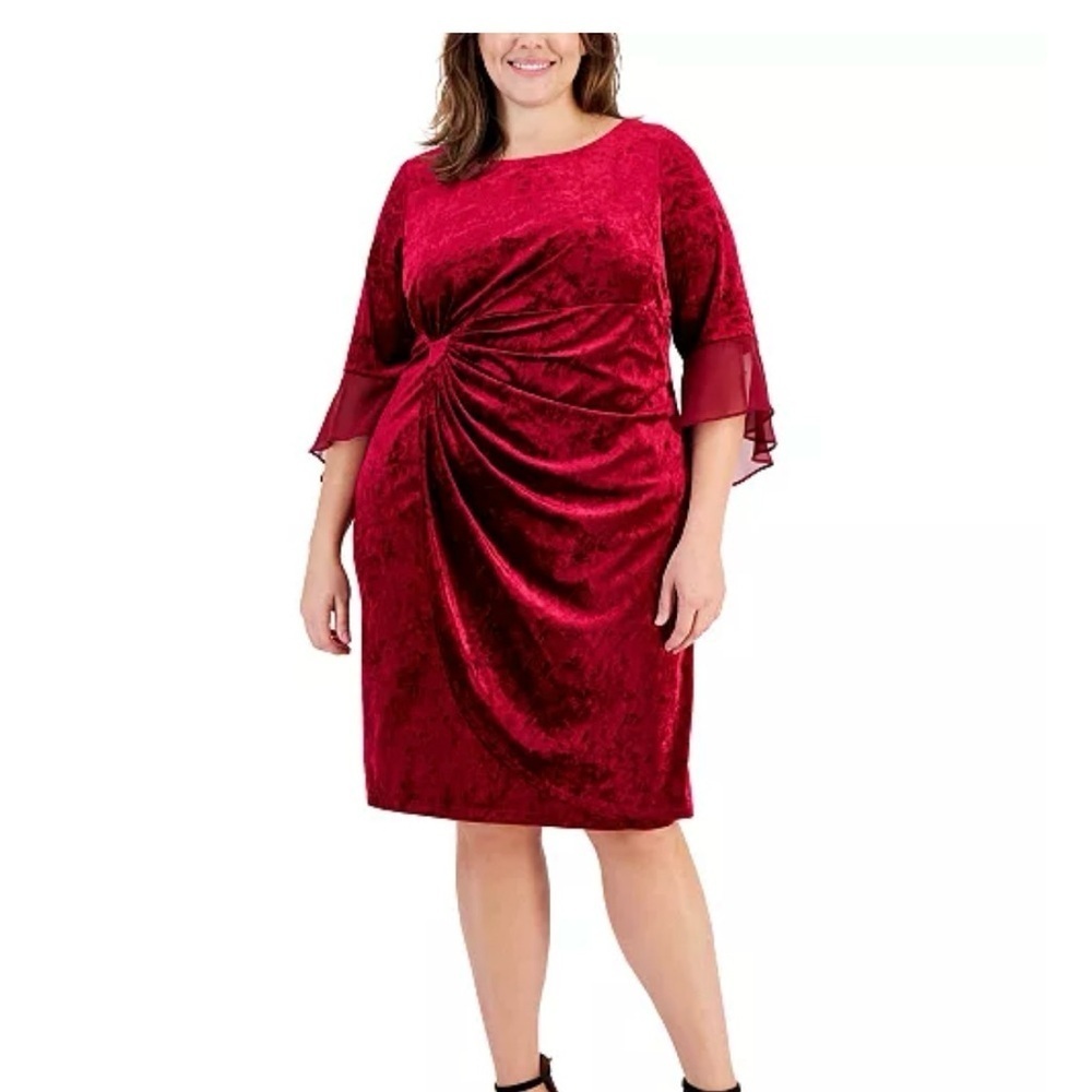 Connected Velvet Dress Side Tab Ruched 3/4 Sleeve Size 16 Knee Length Sheath